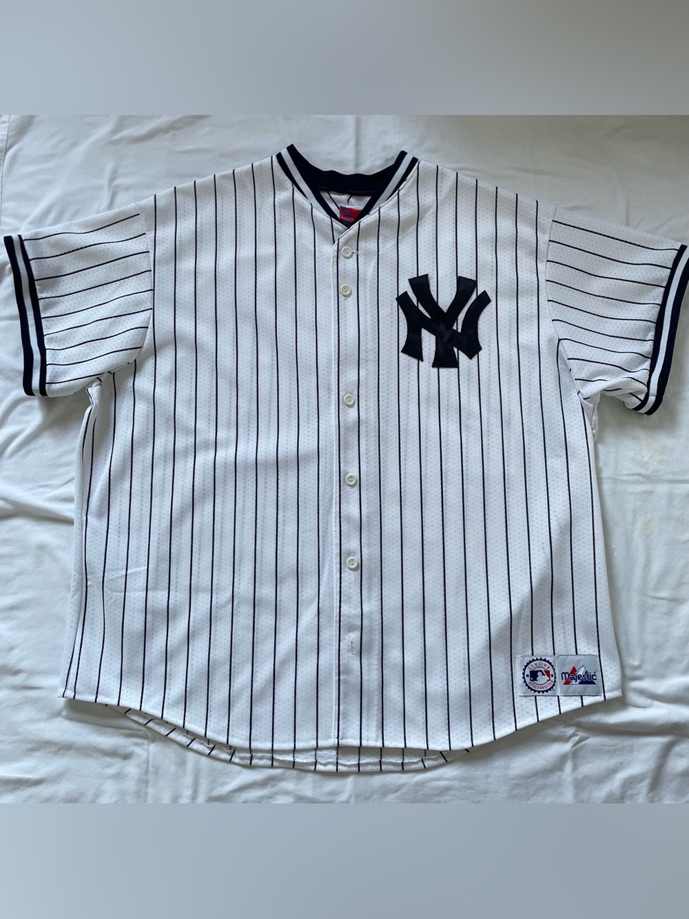 Majestic MESH New York Yankees White with Navy Pinstripe Baseball Jersey